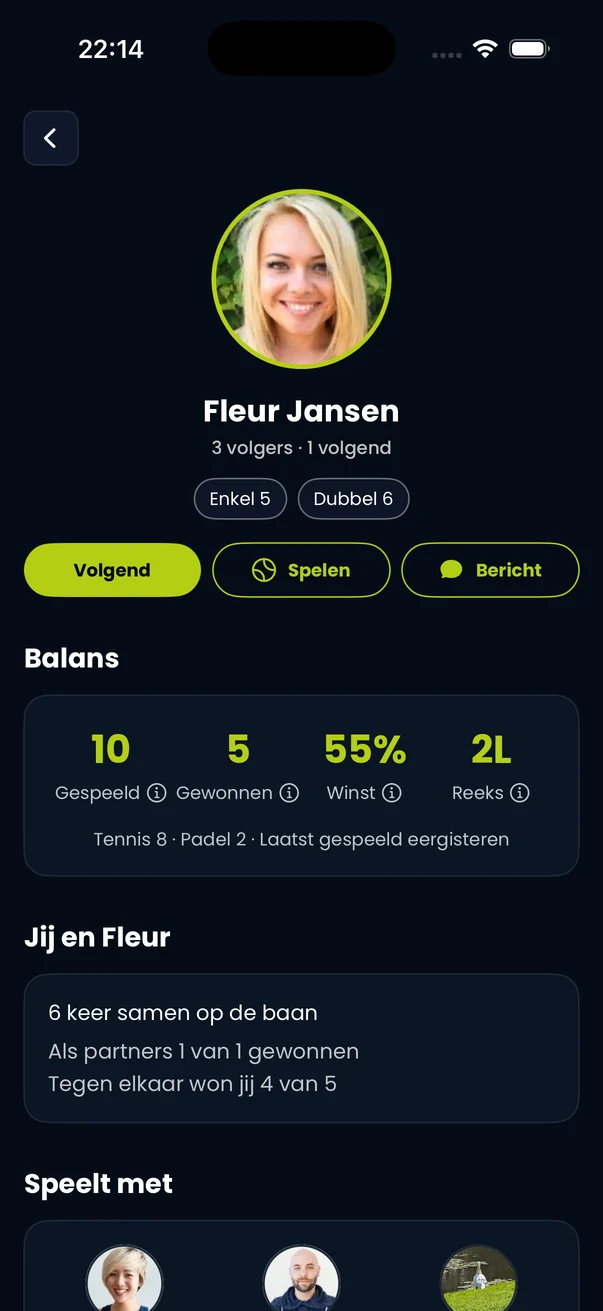 A clubmate's profile with the head-to-head: won 4 of 5 against them